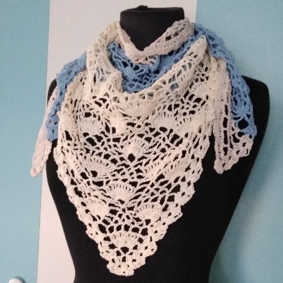 Handmade Crochet Crème Ivory Scarf w/Blue Stripe - Picture 1 of 9